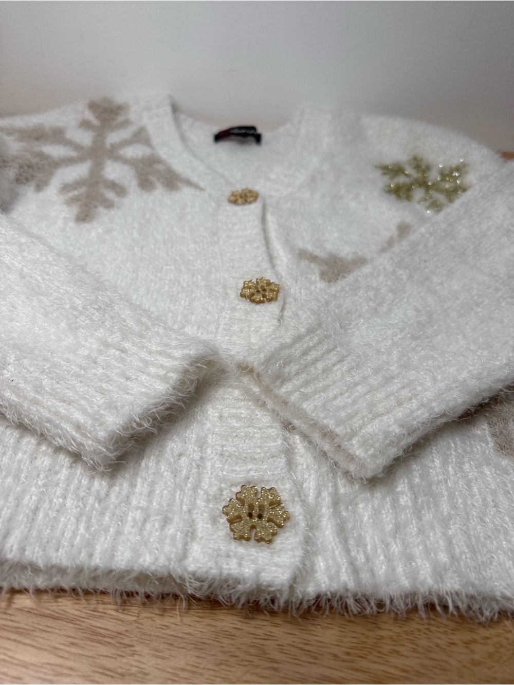 Cozy oversized White fuzzy Snowflake Button-Front Sweater Cardigan